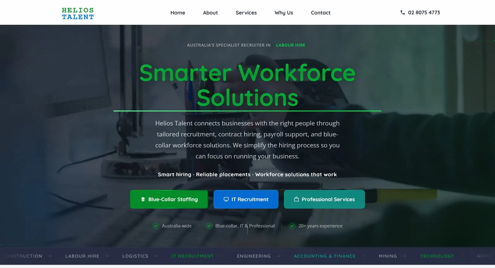 Home page of heliostalent.com.au with the headline Smarter Workforce Solutions