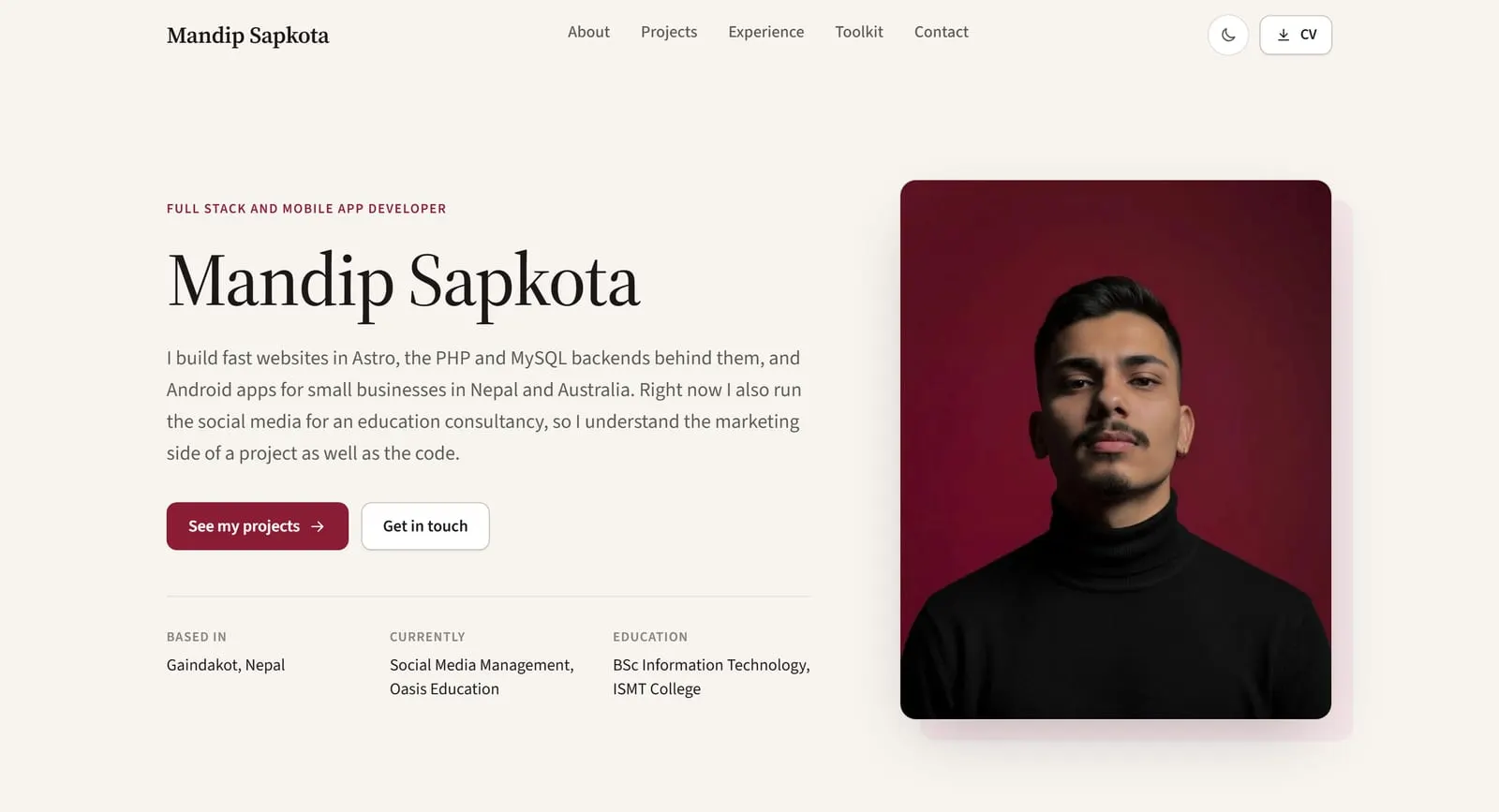 The home page of this portfolio