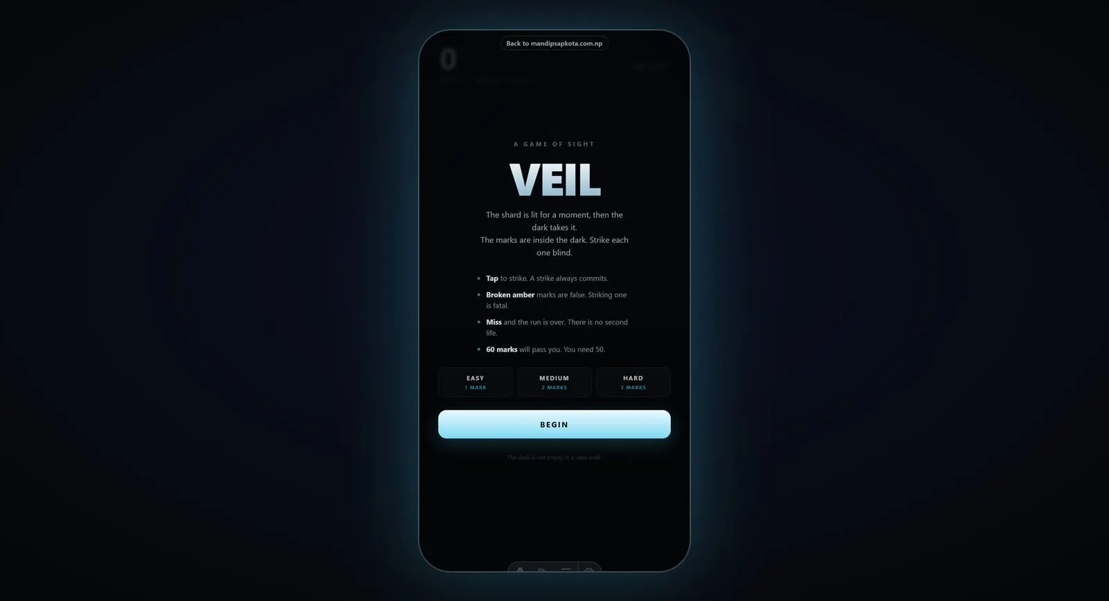 Title screen of Veil on a phone